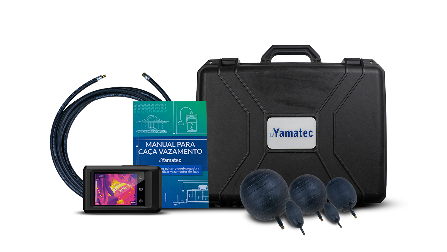 Produtos Yamatec para caça vazamentos: maleta, mangueira, termocâmera, manual e balões tubulares